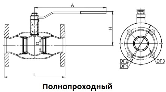 Креслення та габарити повнопрохідного фланцевого крана з паспорта
