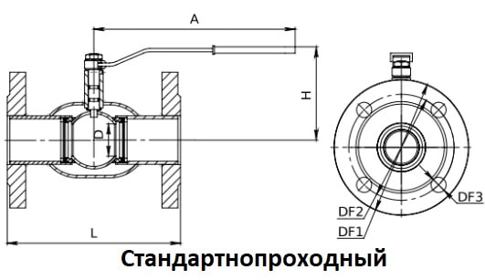 Габаритні розміри фланцевого крана стандартно-прохідного двоходового.