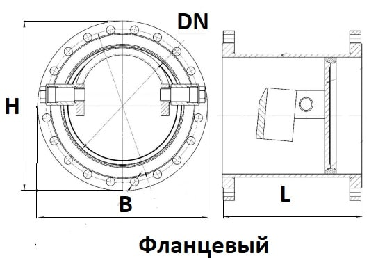 Габаритный чертеж фланцевого обратного клапана 19ч47нж